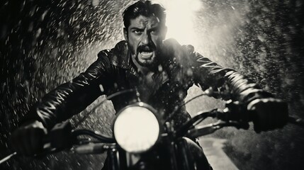 Man on motorcycle in the rain in film noir