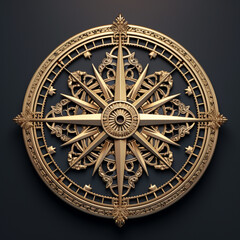 Fototapeta na wymiar black and gold compass with metal ornament 3d gold design