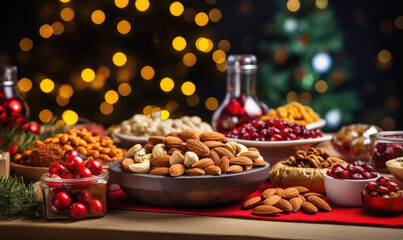 Delicious oilseeds at Christmas, walnuts, almonds, raisins, chestnuts, pistachios, macadamia nuts. - obrazy, fototapety, plakaty