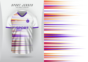 Background for sports, jersey, football, running jersey, racing jersey, cycling, white surface, pattern, gradient line, highlighted on the sides with purple, orange, yellow.
