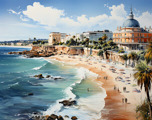 Painting of a fantasy travel destination, like the French Rivera, with waves, people, and buildings along the shore
