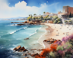 Painting of a fantasy travel destination, like the French Rivera, with waves, people, and buildings along the shore - obrazy, fototapety, plakaty