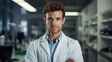 Handsome medical doctor in white lab coat is looking at camera - Powered by Adobe