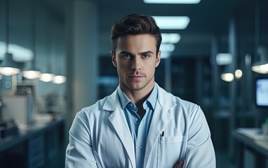 Handsome medical doctor in white lab coat is looking at camera - obrazy, fototapety, plakaty