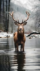 Deer on snow river