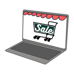 word Sale set in  laptop. vector icon. Cartoon minimal style.
Shopping online concept. Internet marketing. E-commerce.  e shopping.