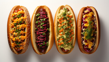 Professional food photography - chilli hot dogs with ketchup and mustard, sesame seed bun - obrazy, fototapety, plakaty