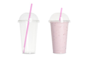 Empty and full smoothie plastic cups isolated on white, set