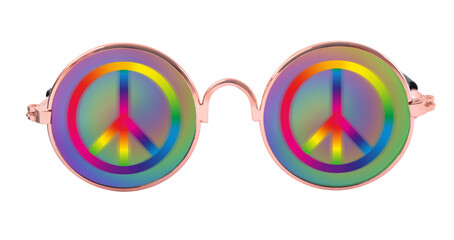 Stylish hippie glasses with peace sign on lenses on white background