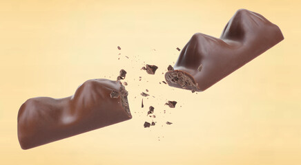 Broken chocolate bar in air on beige background, banner design