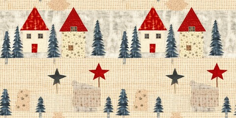 Fototapeta premium Rustic country christmas cottage with primitive hand sewing fabric effect. border. Cozy nostalgic shabby chic homespun ribbon trim with americana winter handmade crafts style edging.