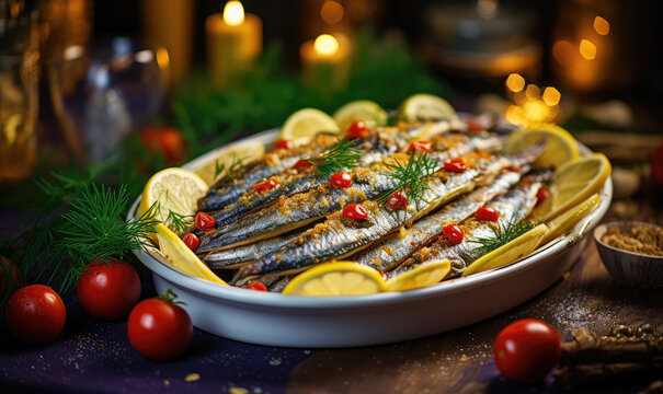 Delicious Portuguese Christmas Sardines roasted in detail on a tray on a decorated Christmas table.