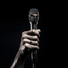 A hand holding audio microphone on the stage