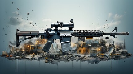 An image depicting a rifle against a backdrop of devastation, symbolizing the destructive power of firearms in the context of destruction and chaos.