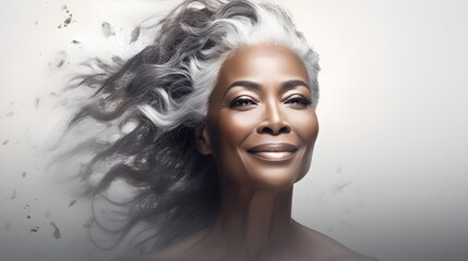 The timeless beauty and wisdom of a silver-haired African American woman, radiating elegance and grace while embodying resilience and empowerment.