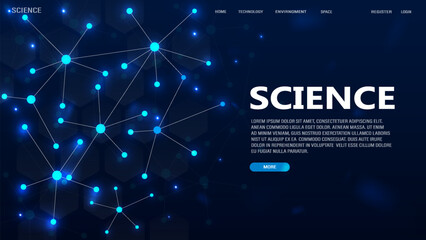 A web banner for technology, science and medicine with neon glowing neural networks and malecules on a blue background.