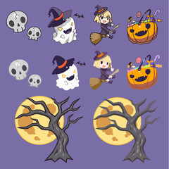 ハロウィンのかぼちゃと可愛いおばけと魔女のキャラクター