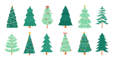 Vector christmas trees, merry xmas decorated tree with candles, candy, toys, star and tinsel