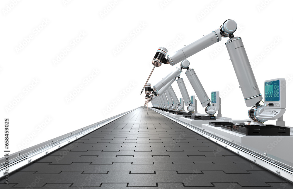 Poster automation industry concept with robot assembly line in factory