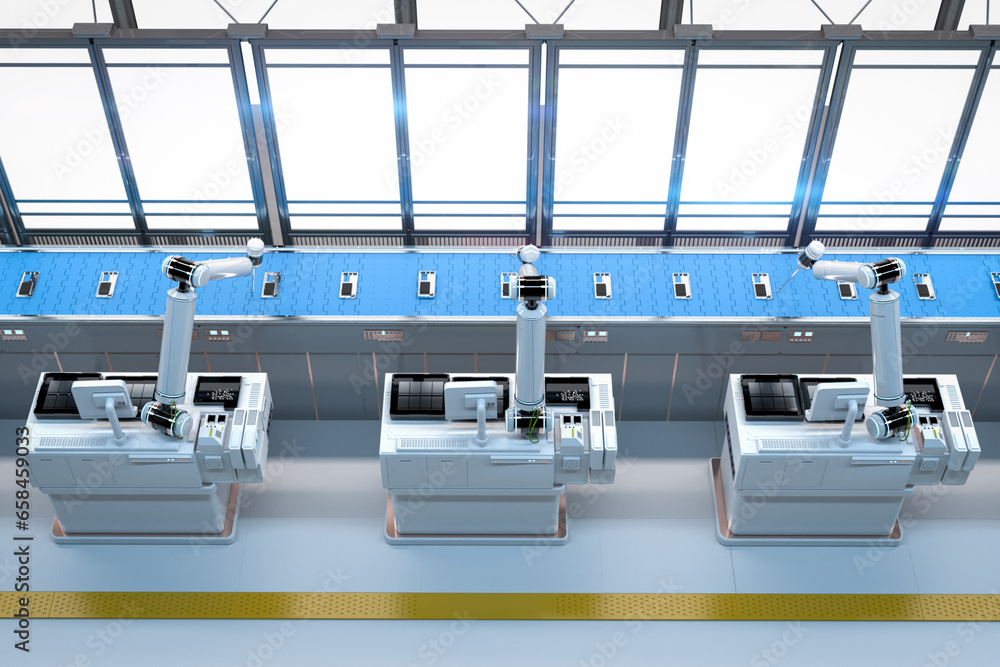 Aufkleber robot assembly line with smartphone in factory
