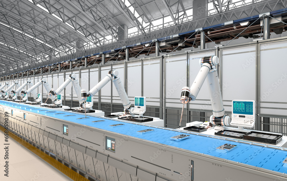 Poster robot assembly line with smartphone in factory