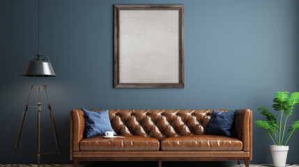 Hipster Style Interior with Poster Frame Mockup, Brown Leather Sofa & Mockup Frame Against Blue...