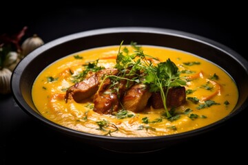 A Savory Close-Up of Gule &AElig;rter med Fl&aelig;sk, a Traditional Danish Delicacy, Showcasing the Mouthwatering Combination of Yellow Peas, Pork Belly, and Flavorful Broth in this Delectable