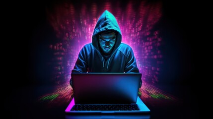 Cybercrime concept. A hacker, programmer, in a hood working in a dark workspace is hacking others' privacy, personnal information, security