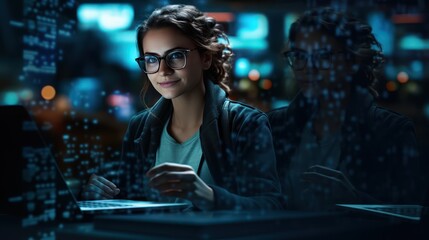 Obraz na płótnie Canvas Cyber security concept. A beautiful female hacker in a dark room smiing and looking straight at a camera, while hacking others' privacy, personnal information, with glowing code around