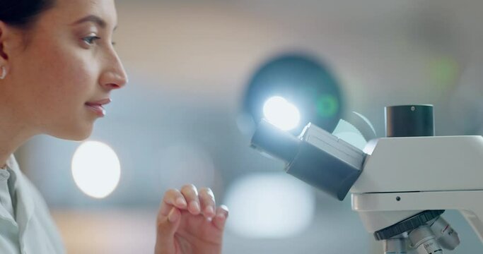 Particles, microscope or woman scientist in laboratory for research, medical analysis or test experiment. Healthcare, investigation or science expert with technology for future development or results