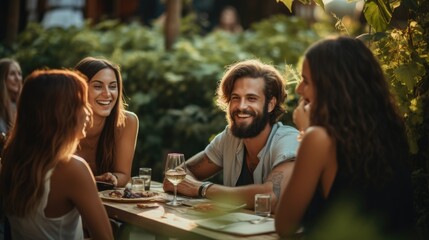 Large group of friends, millennial people with friend enjoying a fun-filled social gathering at an outdoor restaurant, friendship and social gathering concept, Generative AI