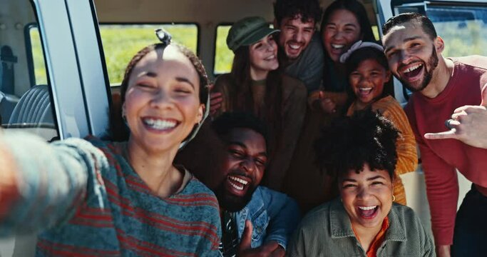 Happy, selfie and face of friends on a road trip with a caravan in nature for outdoor adventure. Excited, smile and portrait of young people taking a picture in countryside for vacation or holiday.