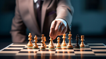 Businessman moving chess piece on chess board - obrazy, fototapety, plakaty