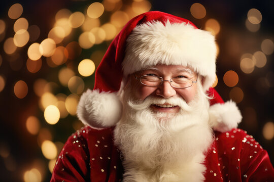 Portrait of friendly and handsome Santa Claus in his house smiling and looking smiling at camera.