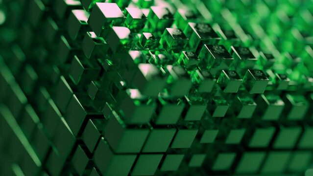 Dive into the world of 3D dynamic cubes Background. Witness a systematic, synchronized dance that creates a captivating background experience. Green CGI 3D Cube Background

