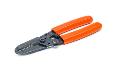 Wire stripping pliers with orange handles isolated on white background.