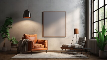 Hipster Style Interior with Poster Frame Mockup, Leather Armchair & White Framed Mockup Poster: 3D...
