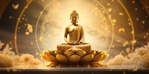 Fotobehang Buddha sitting on lotus platform, generative AI © VALUEINVESTOR