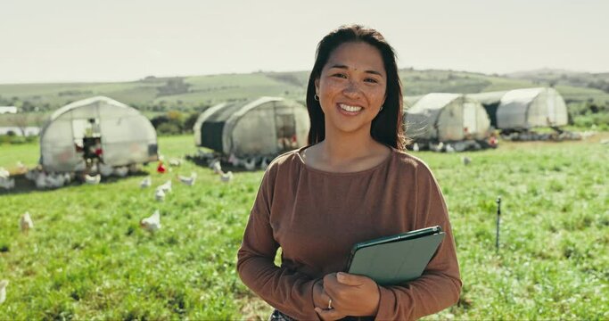 Farmer woman, portrait and tablet for chicken agriculture, poultry or livestock research in Thailand. Happy, technology or protein farm worker in growth quality control, inspection or bird flu check