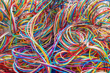Tangled wires texture background.  Colourful electric wires.