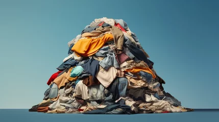 Deurstickers large pile stack of textile fabric clothes and shoes. concept of recycling, up cycling, awareness to global climate change, fashion industry pollution, sustainability, reuse of garment © UMR
