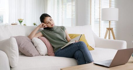 New possible career digital transformation future workforce class. Asia people young girl talent woman sit relax work at sofa home office study MBA reskill upskill job course remote live video call.