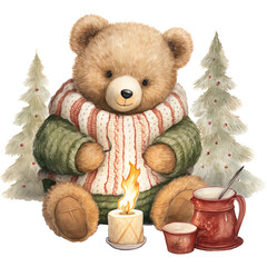 Watercolor illustration of a teddy bear in a knitted sweater with a burning candle and a Christmas tree on a white background