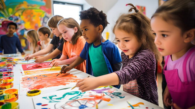 Group of diverse children in art class painting picture. Happy school kids are doing creative project in classroom