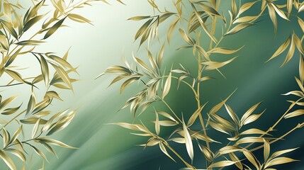 Luxurious gold decoration art wallpaper. Art painting, background, modern art and nature. Floral pattern with golden leaves, plant and bamboo of curvature of the line, green background