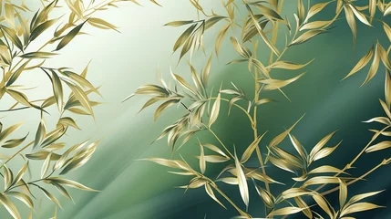 Tuinposter Luxurious gold decoration art wallpaper. Art painting, background, modern art and nature. Floral pattern with golden leaves, plant and bamboo of curvature of the line, green background © UMR