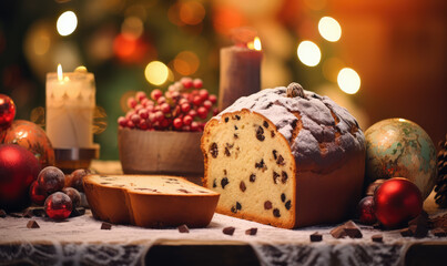 Panettone with chocolate and traditional Italian dessert cake on a decorated table on Christmas Eve.