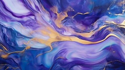 Luxury abstract fluid art painting in alcohol ink technique, mixture of blue and purple paints. Imitation of marble stone cut, glowing golden veins. Tender and dreamy design