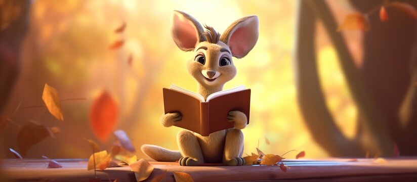 kangaroo reading a book cute cartoon leaves background