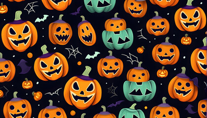Scary october holiday background in hand drawn style. Spooky autumn party wallpaper print creepy smiling pumpkin texture art.
Halloween jack o lantern cartoon seamless pattern generative AI